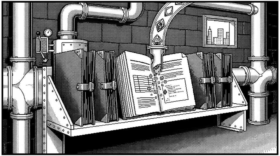 Black-and-white illustration of an open documentation book on a shelf, with a pipe feeding icons and code snippets onto its pages