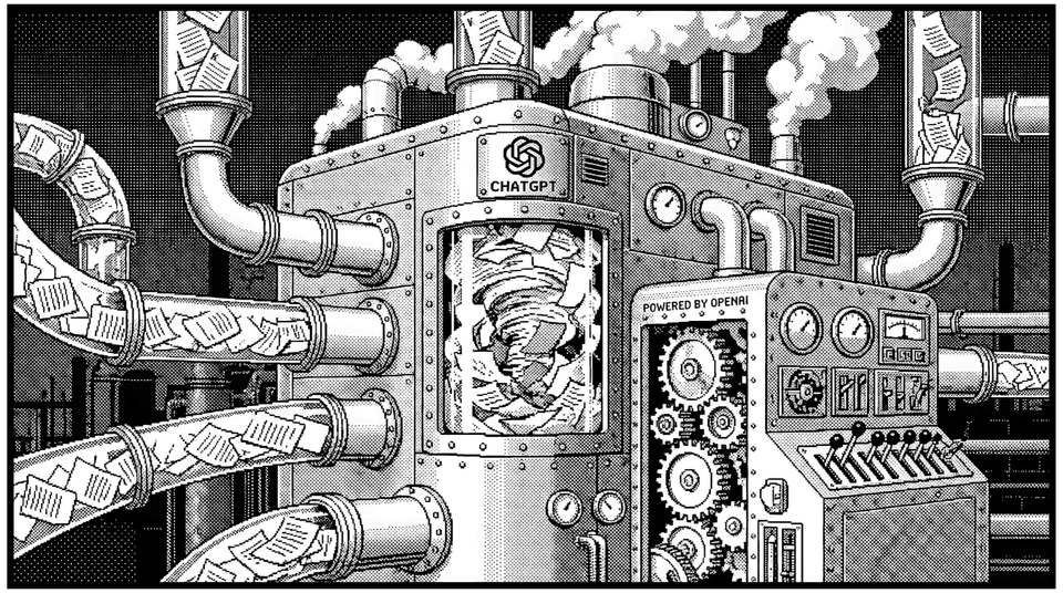 Black-and-white halftone illustration of a ChatGPT-branded industrial machine, with pipes feeding web pages into a chamber that churns them into an answer